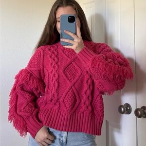 THML Fuchsia Cable Knit Sweater with Fringe